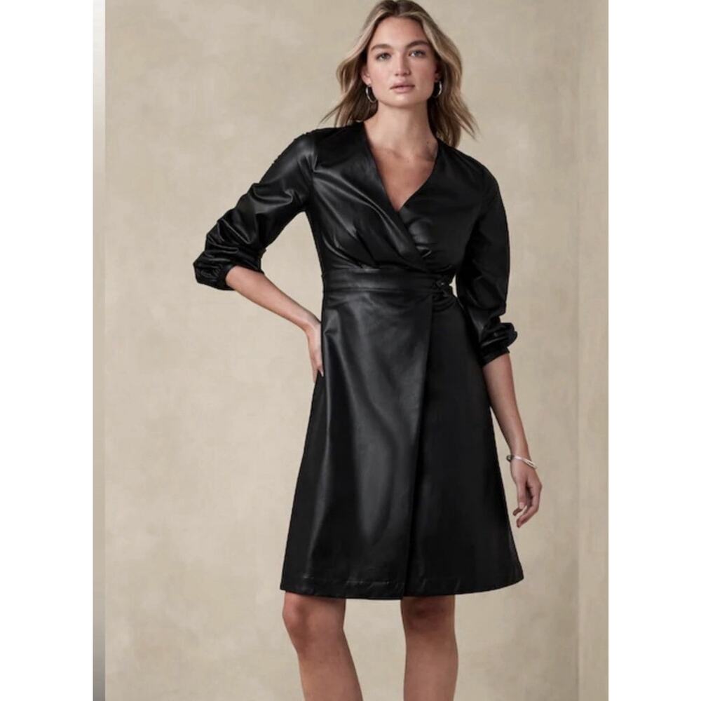 BANANA REPUBLIC Women's Black Vegan Leather Long Sleeve Wrap Front Dress Size 8